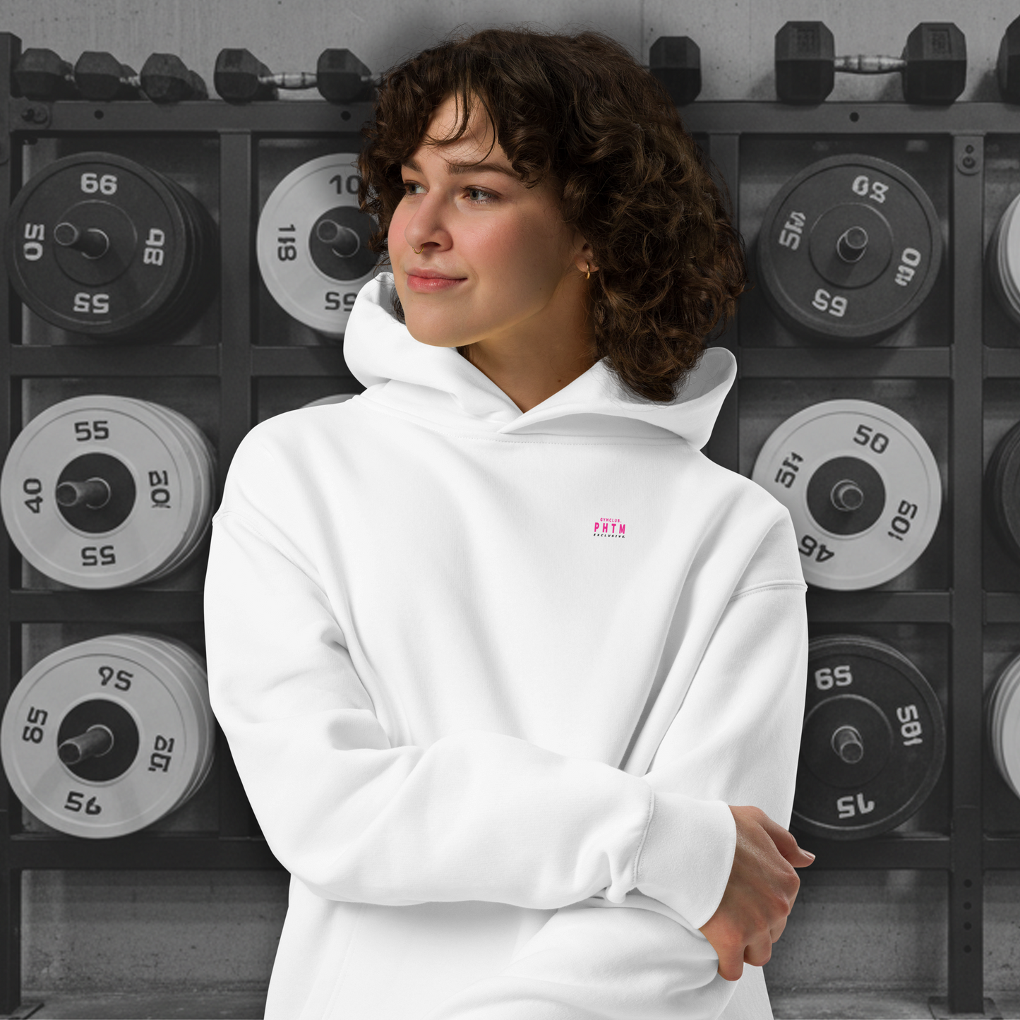 Women's - Premium Oversized Gym Club Hoodie - White & Hot Pink